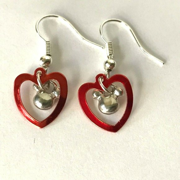 Disney Parks Mickey Mouse Icon Ears Earrings Red Heart Disneyana Silver Plated - Picture 5 of 8